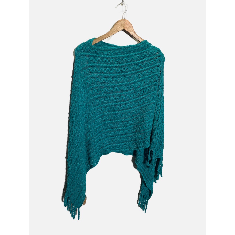 Occasionally Made Poncho Women OS Teal Chunky Knit Fringe Boho Layering Wrap